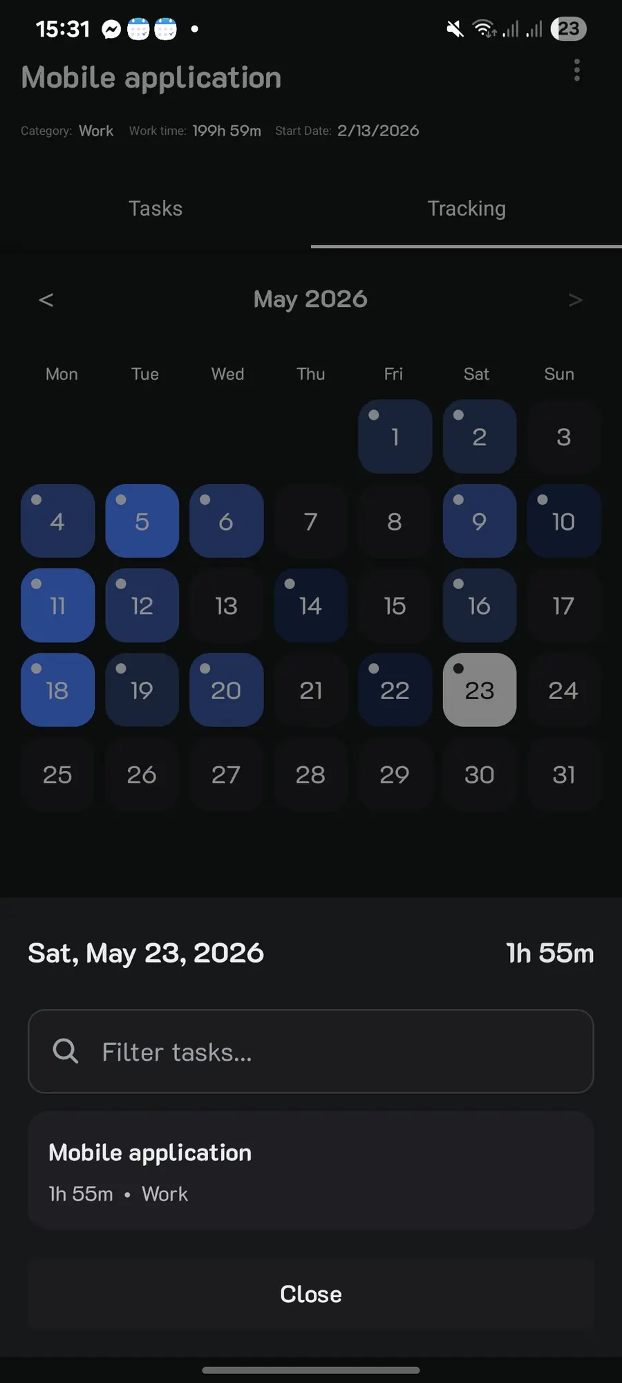 A single day opened from a goal's calendar, showing the 1h55m logged against it.