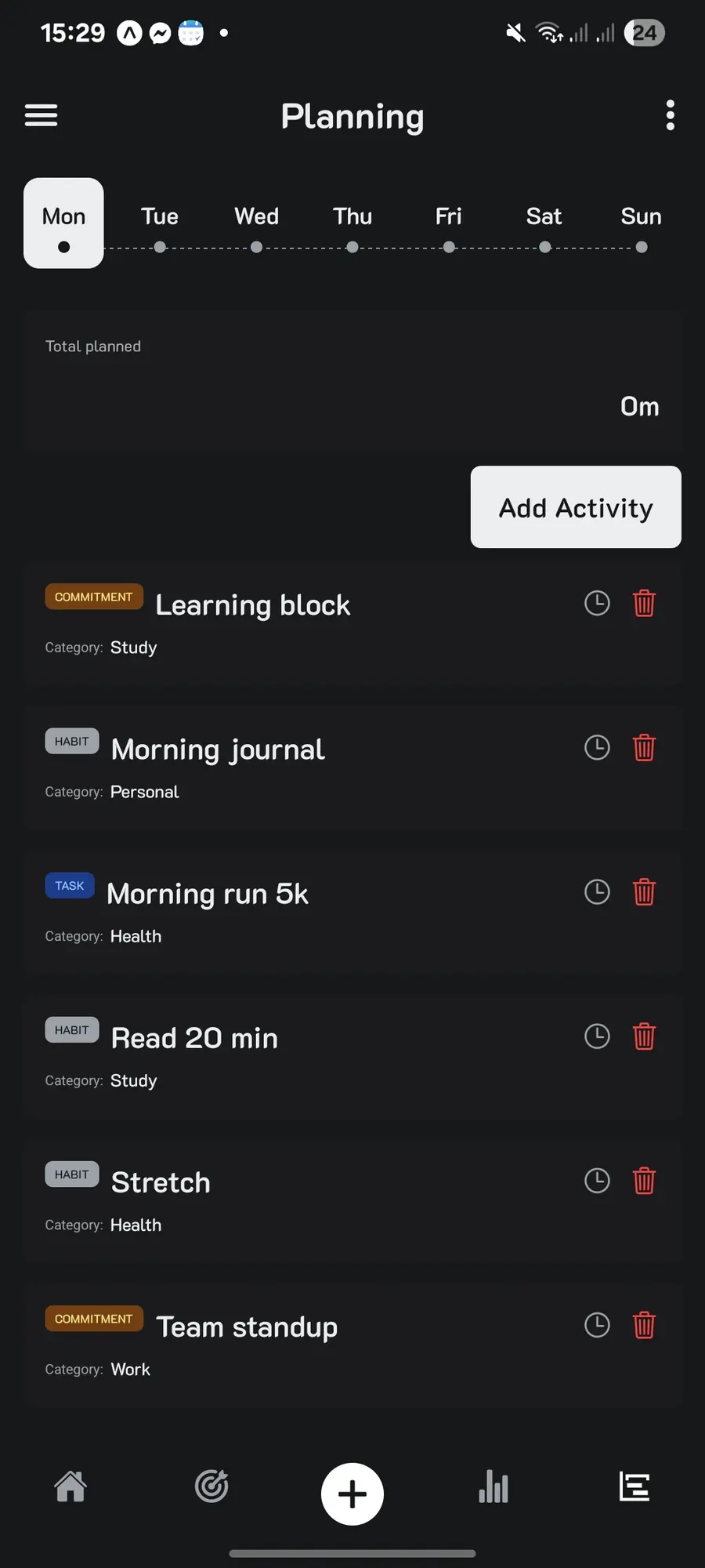 The Planning screen for a Monday, listing the commitments, habits and tasks assigned to that day with a time control on each.
