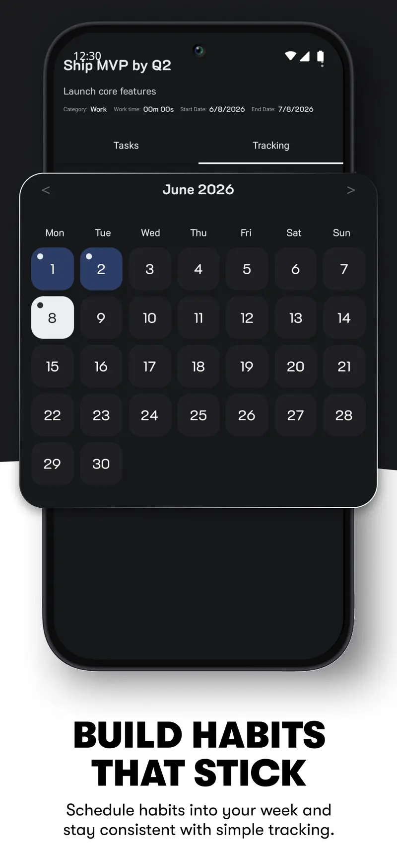 Store graphic: “Build habits that stick” — a habit's tracking calendar.
