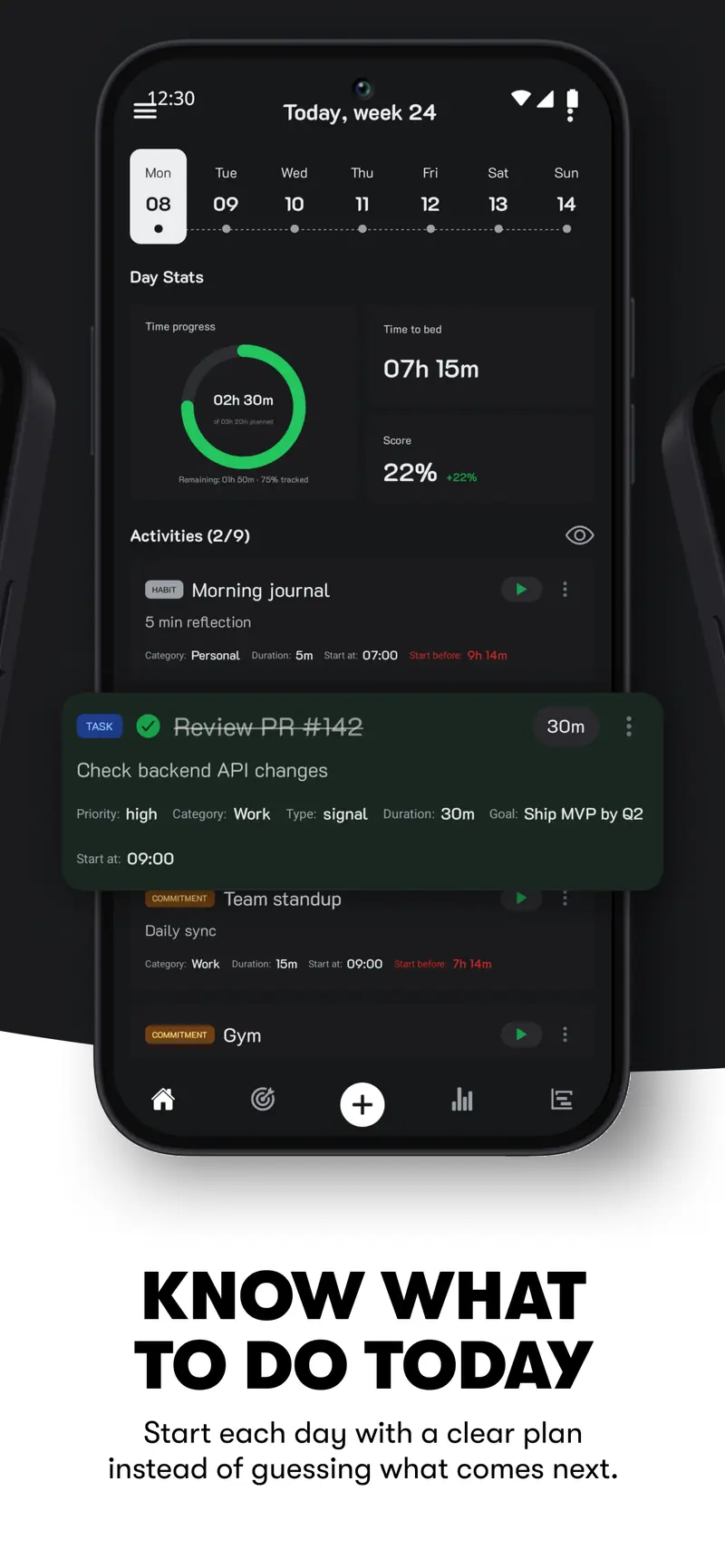 Store graphic: “Know what to do today” — the home screen with the day's activities.