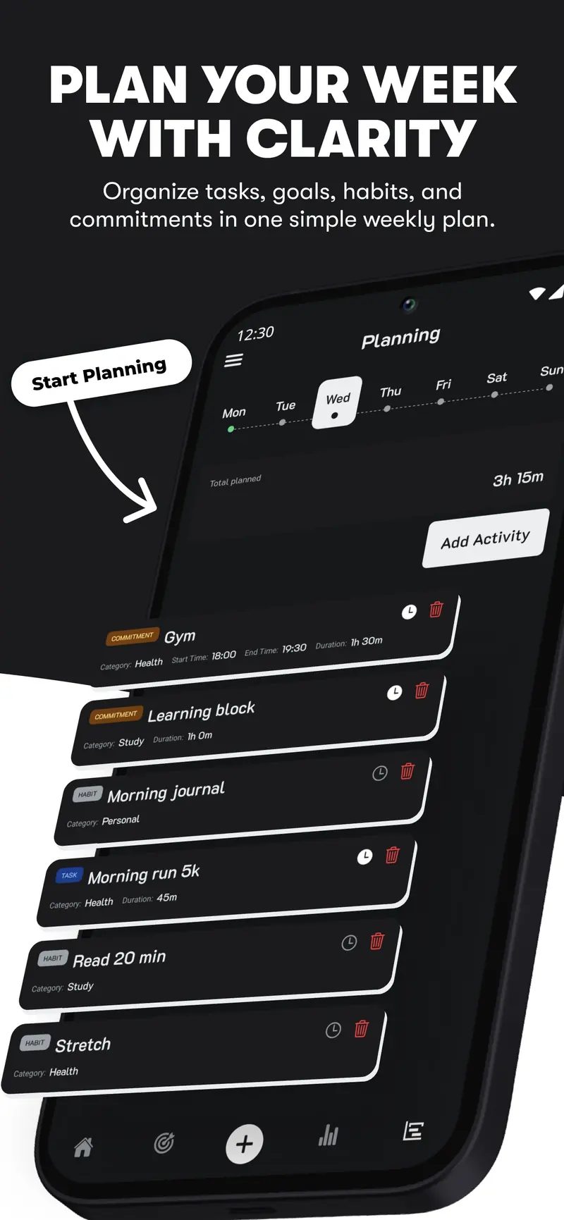 Store graphic: “Plan your week with clarity” — the Planning screen with a Start Planning prompt.